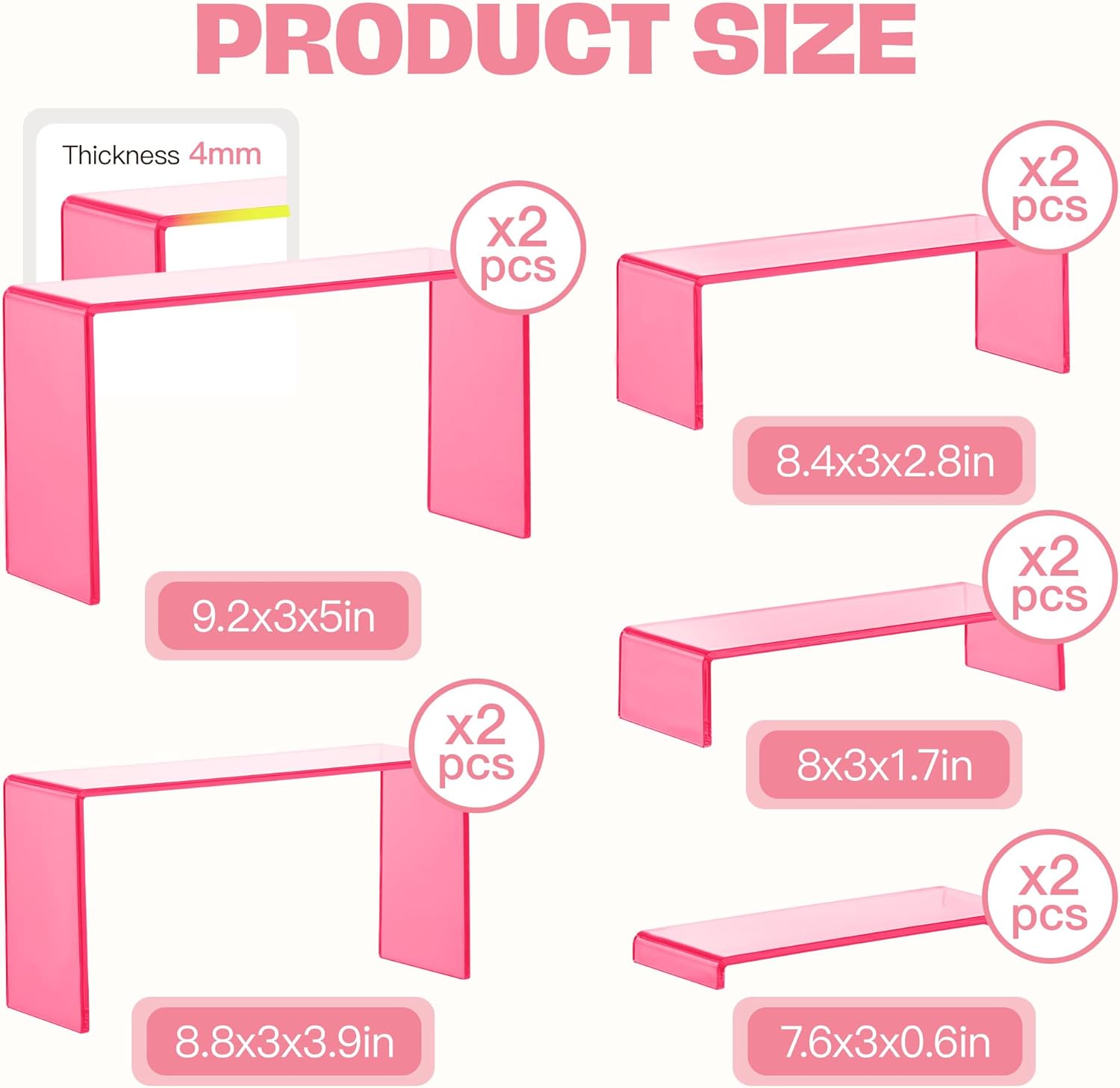 Goabroa Acrylic Display Risers, 2 Sets 10 Pcs Perfume Stand Organizer, Rectangular Riser Shelves for Figures, Cupcake, perfume display, Wine Glass and Handbag display，Transparent Pink