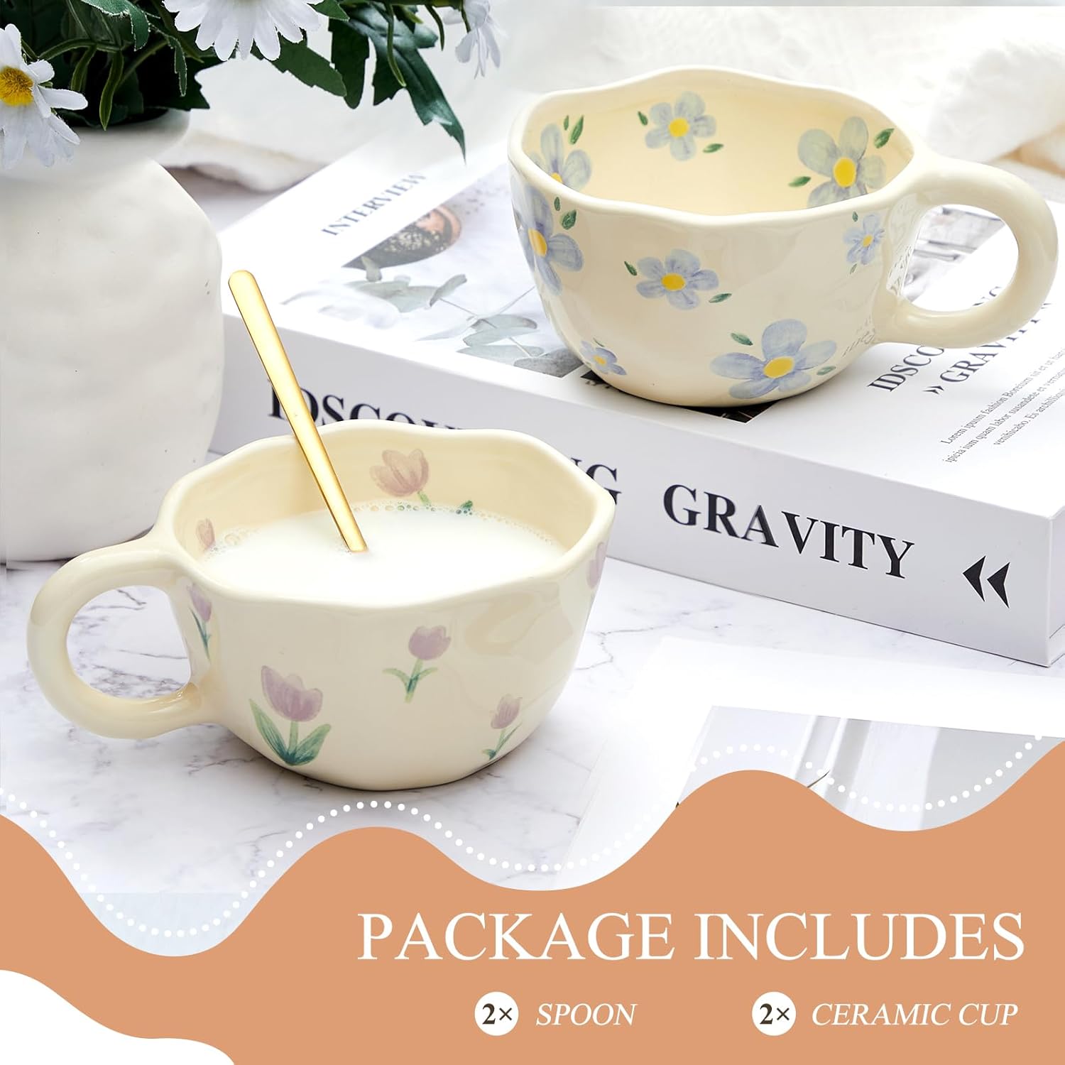 Vesici 2 Pcs Ceramic Coffee Mugs Flower Cups with Spoon Vintage Floral Mugs with Handle 8.5 oz Aesthetic Tea Porcelain Cup Gift for Valentine Office Home, Dishwasher and Microwave Safe(Vibrant)