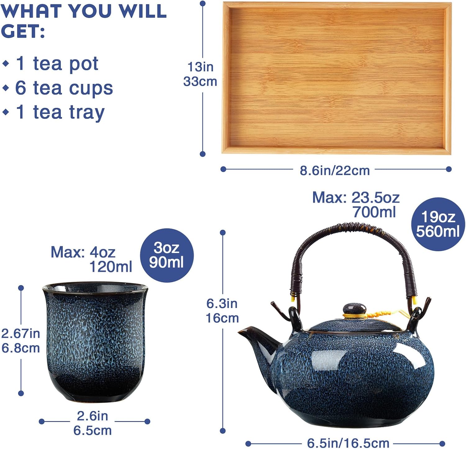 DUJUST Japanese Tea Set for 6, Kiln Altered Glaze Porcelain Tea Set with 1 Teapot, 6 Tea Cups & 1 Tea Tray, Unique Chinese Tea Sets for Adults/Tea Lovers/Women/Men, Blue