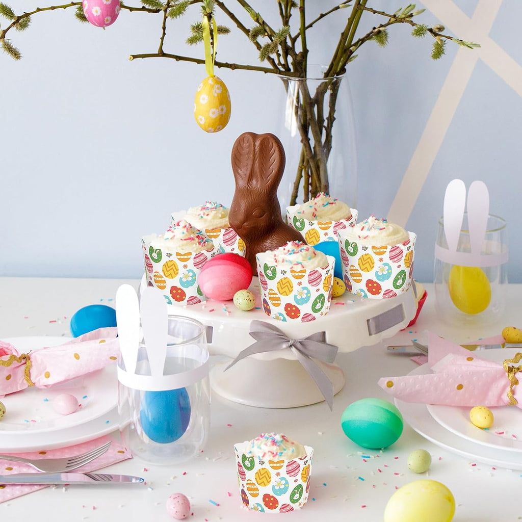 Whaline 100Pcs Multicolor Easter Paper Baking Cups with Easter Egg Bunny Flower Design, Disposable, 9 x 3.5 Inch