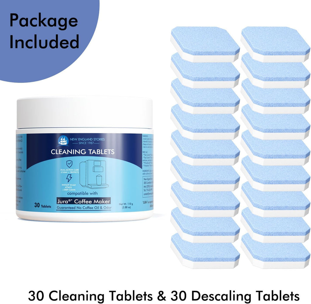 New England Stories Jura Compatible 30 Cleaning + 30 Descaling Tablets Kit - Clean Coffee Oils & Remove Limescale for Coffee Machines