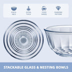 WhiteRhino Glass Mixing Bowls with Lids Set of 5（4.70QT,2.85QT, 1.69QT,1.11QT,0.85QT,Glass Bowls with Lids,Large Salad Bowls Space-Saving Nesting for Cooking,Baking,Prepping,Dishwasher Safe