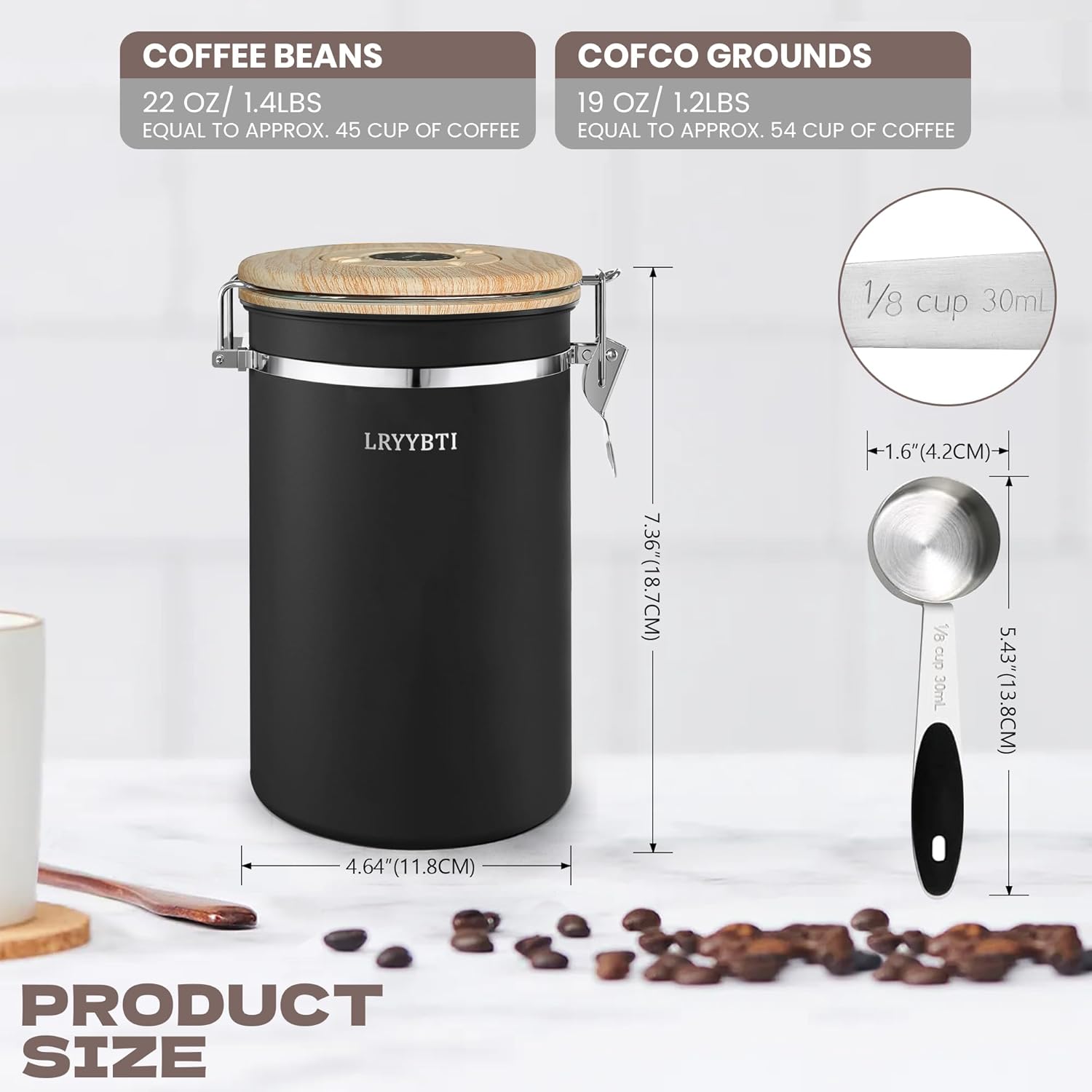 Airtight Coffee Canister,Stainless Steel Coffee Bean Storage Container with Scoop Date Tracker & CO2 Release Valve for Beans, Grounds and more- Black
