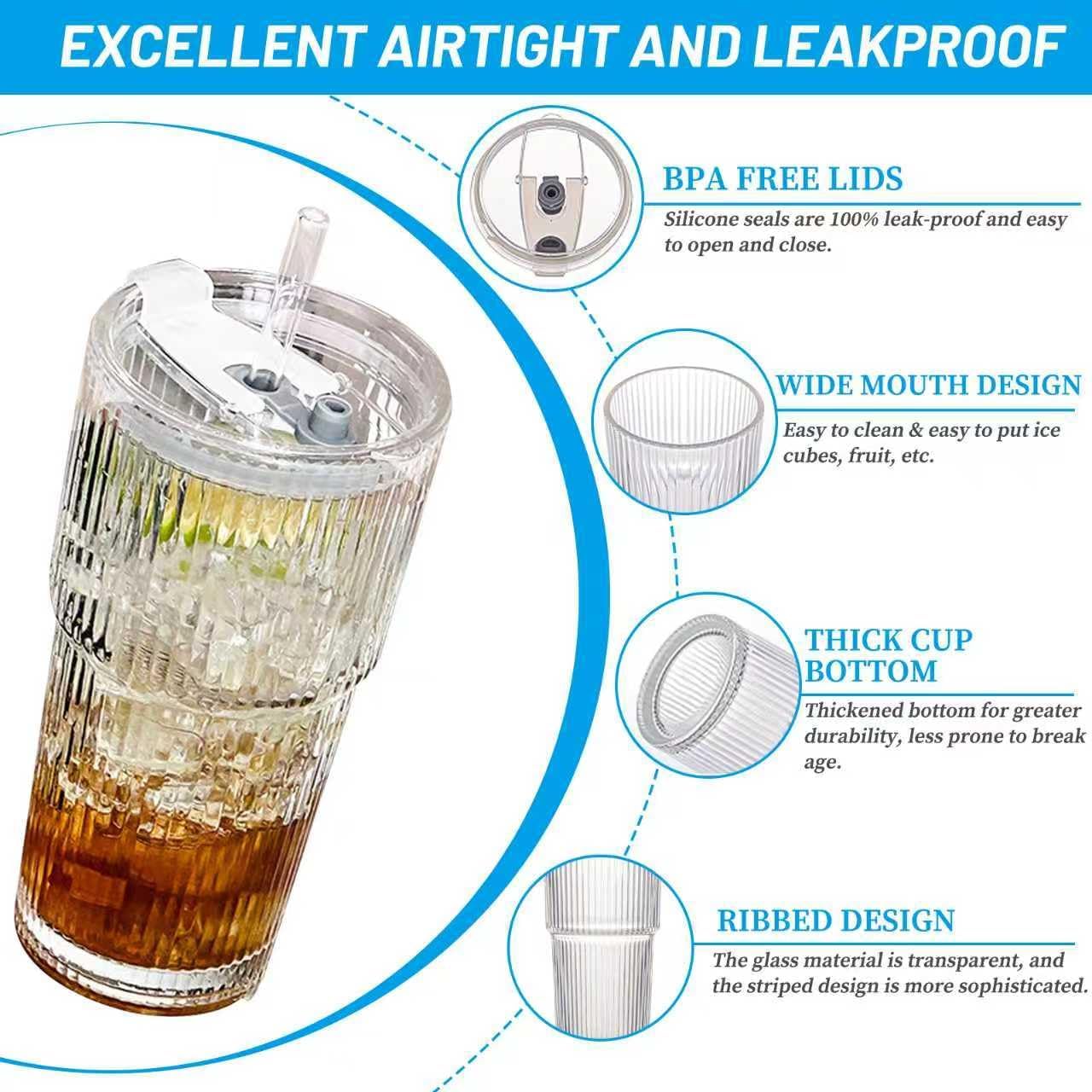 20 oz Glass Tumbler with Lid and Straw, 2 Pack Clear Ribbed Iced Coffee Cup, High Borosilicate Glass Tumbler, Reusable Vintage Glassware for Iced Coffee, Smoothies, Cocktails, and Juices