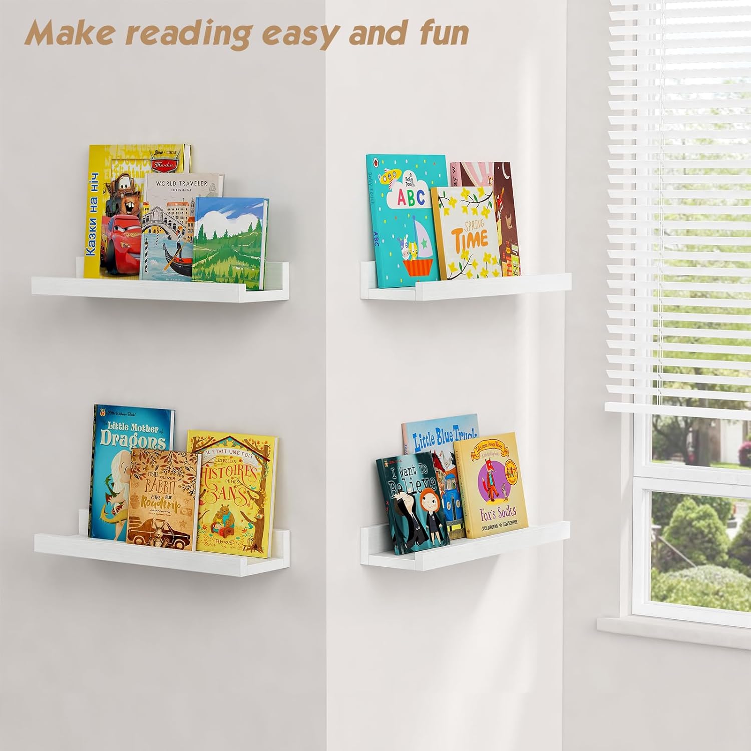 Forbena White Picture Ledge Shelf, Floating Shelves with Lip for Bedroom Books, Corner Nursery Book Shelves Wall Mounted for Small Spaces Office Baby Child Kids Room Art Decor (4-Pack, Real Wood)