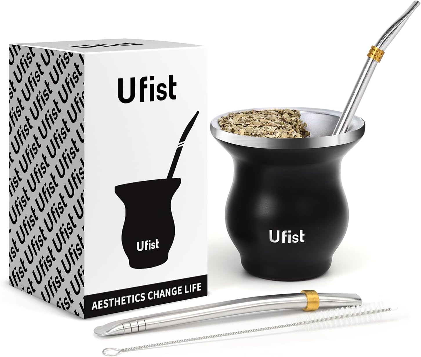 Yerba Mate Cup Set, Include Stainless Steel Double-Wall Mate Gourd with 2 Bombilla Straws and Cleaning Brush, 7.8oz Capacity, Black