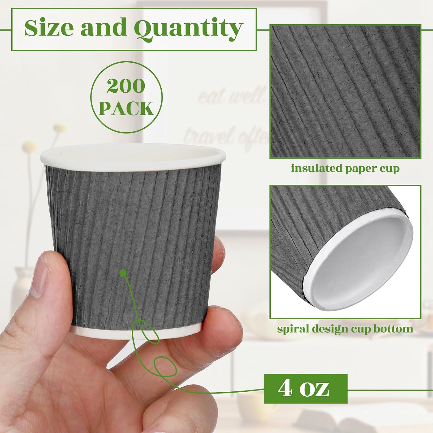 Yaomiao 200 Pcs 4 oz Disposable Espresso Coffee Cups Ripple Corrugated Paper Insulated Hot Cups for Party Cold Drinks Hot Beverage Tea(Gray)