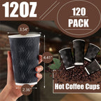 Lamosi 12 oz Disposable Coffee Cups - 120 Pack, Insulated Corrugated Paper Cups 12 oz, Kraft Ripple Wall Cups for Hot Beverage or Cold Drinks Office/Home/Party/Travel/Cafe (Black)