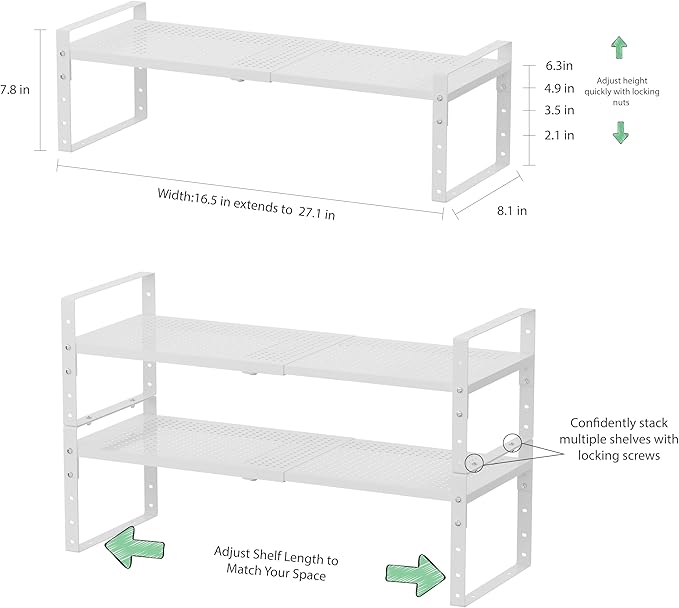 Expandable Countertop Organizer Rack/Shelf with Borders. for Kitchen, Pantry or Office - Heavy-Duty Steel Construction