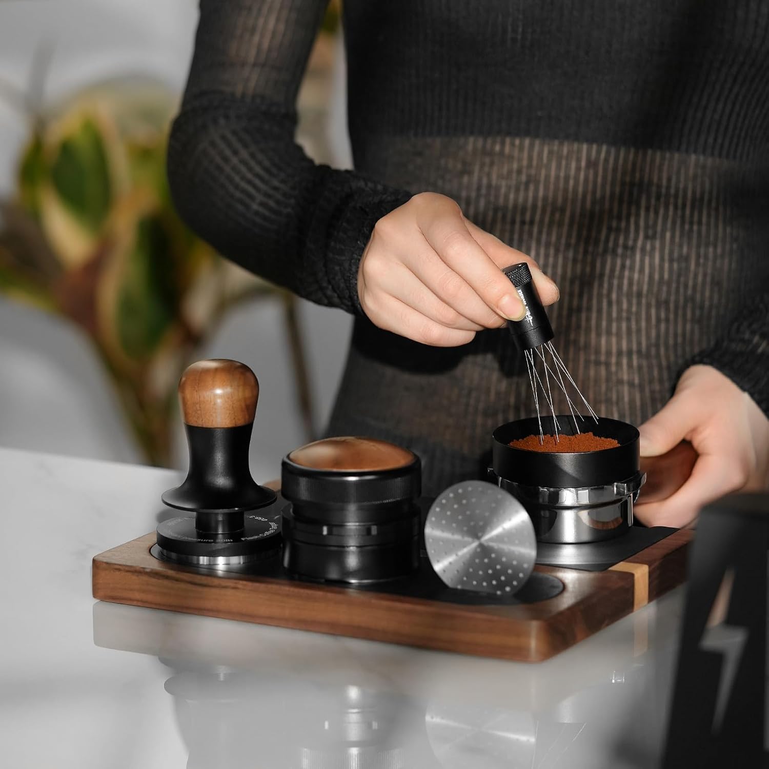 MHW-3BOMBER WDT Tool Espresso Distribution Tool with Magnetic Stand for Barista, Adjustable Range Coffee Needle Stirrer, 304 Stainless Steel 8 Needles 0.4mm with 6 Extra Needles, Black, T6126-OS