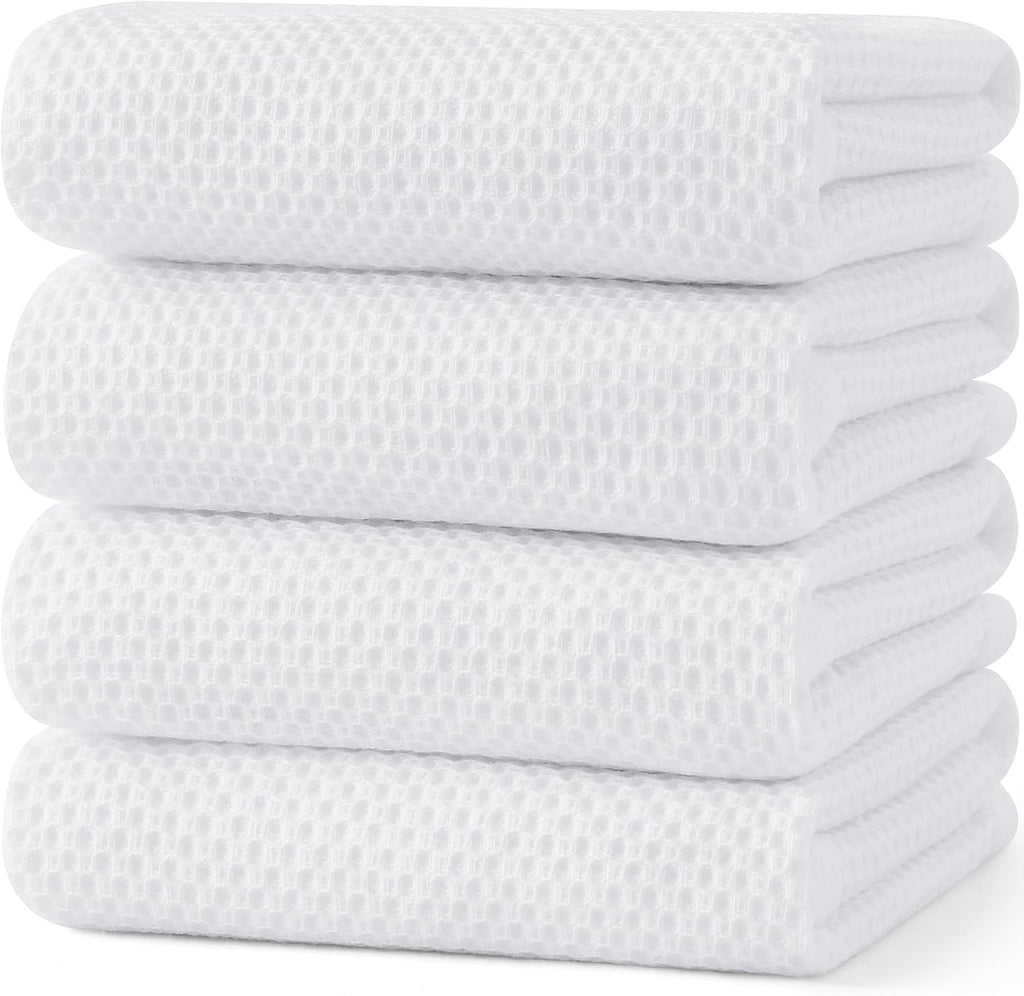 Kitinjoy 100% Cotton Waffle Weave Kitchen Towels, 4-Pack Super Soft and Absorbent Dish Towel for Drying Dishes, Kitchen Hand Towels, 20 in x 28 in, White