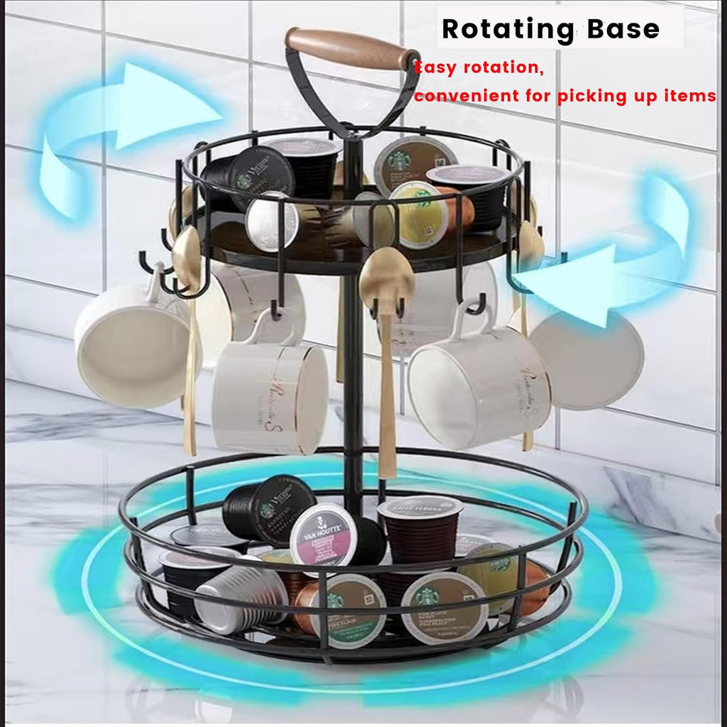 Coffee Mug Holder, 2 Tier Coffee Cup Holder with Hooks, Rotatable Mug Rack Organizer with Cup Pods & Saucer Basket for Bar Kitchen Counter