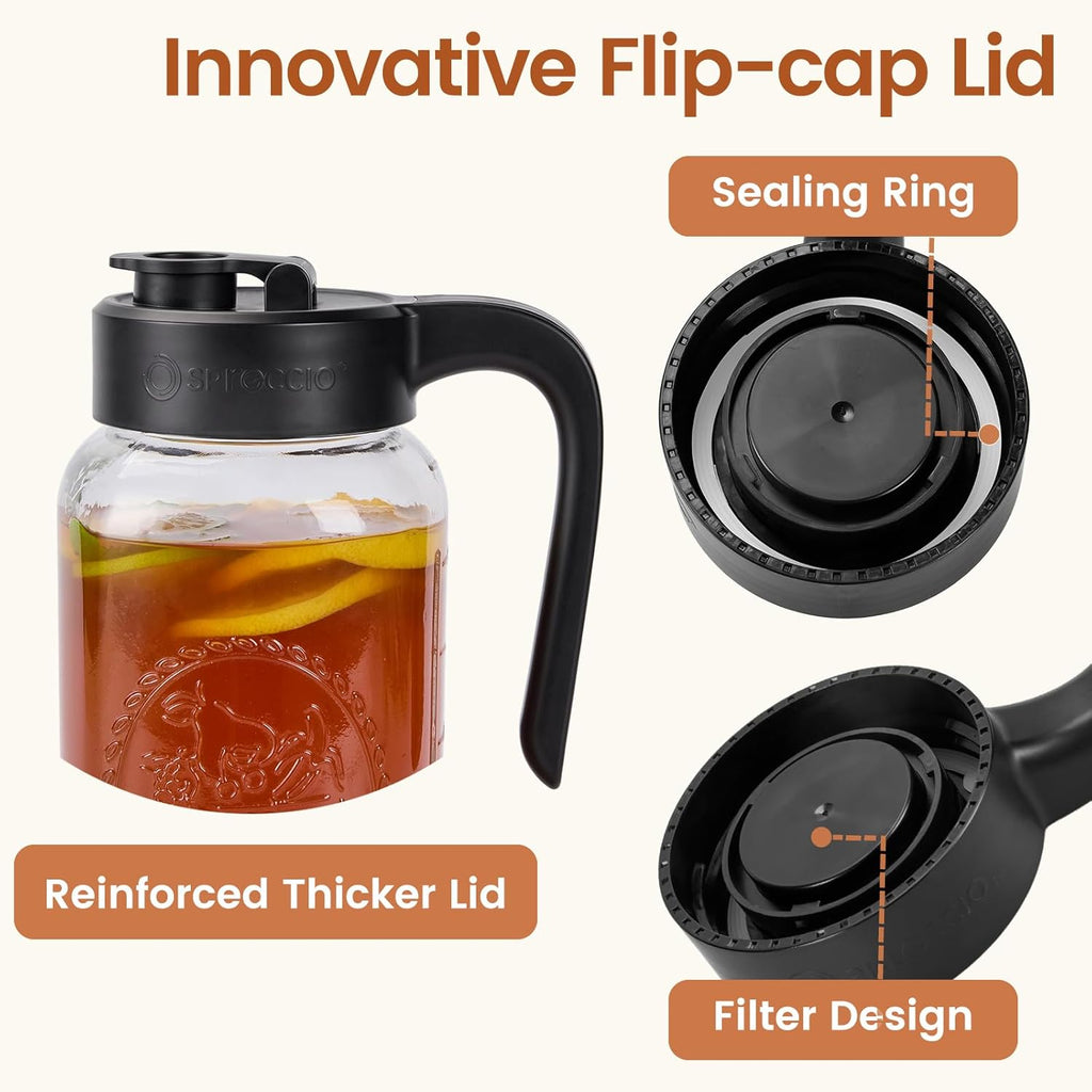 Mason Jar Pitcher with Tea Filter, Airtight & Leakproof Glass Pitcher with Lid, 64 oz Sun Tea Glass Jar for Outside, Perfect for Sun Tea, Lemonade, and iced Tea