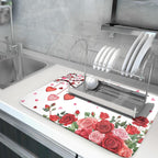Giwawa Happy Valentines Day Dish Drying Mat for Kitchen Countertop, Red Love Hearts Rose Flowers Dish Drainer Mats, Romantic Absorbent Dish Drying Pad Wedding Decor, 18"x24", Large