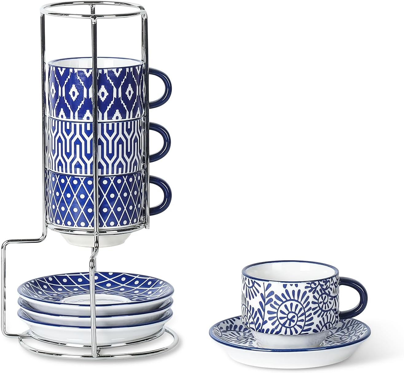 Selamica Ceramic Espresso Cups with Saucers and Metal Stand, 2.5 OZ Stackable Demitasse Cups for Espresso Latte Café Mocha Tea, Set of 4, Vintage Blue