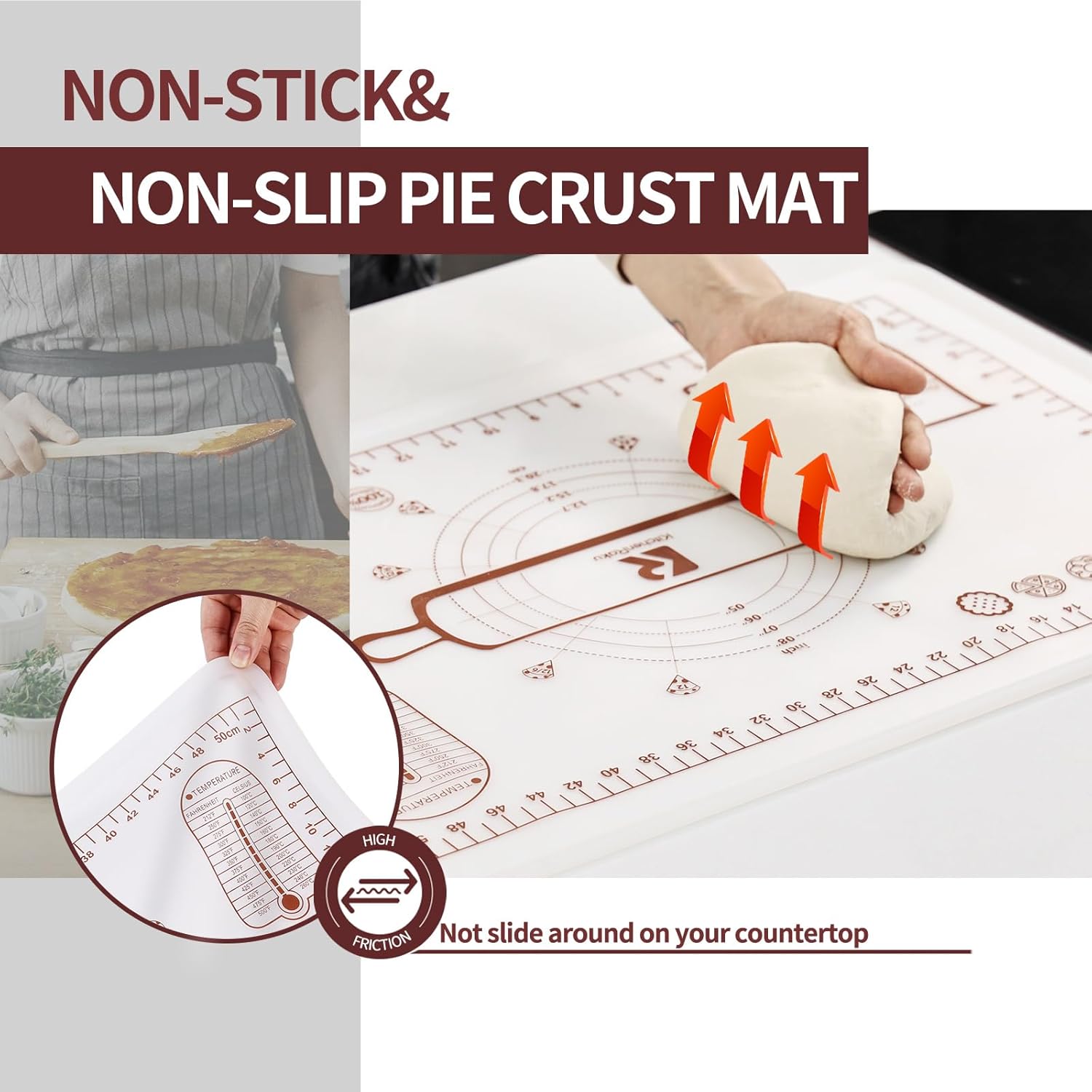 Silicone Baking Mat, Extra Thick Dough Rolling Pad with Measurements and Edge Heightening, Non-stick Food Grade Silicone Pastry Mat for Pastry, Bread, Cookies (Transparent, 16"L x 24"W)