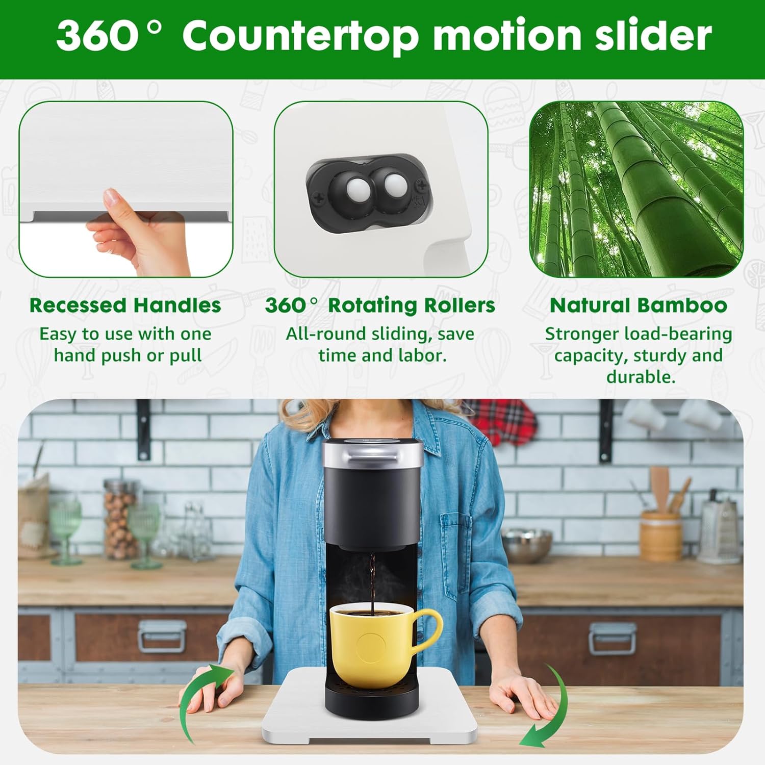 Appliance Slider 360° Rolling Tray for Coffee Maker- Bamboo Coffee Pot Slider Tray Countertop Rotation Sliding Tray with Wheels, Small Appliances Mat White (small 11.8" × 9.8" × 0.6")