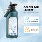 Insulated Water Bottle 87 oz, Triple Wall Vacuum Stainless Steel (Cold for 48 Hrs), Leak Proof & Non-BPA, Modern Water Flask Jug with Paracord Handle & Straw Spout Lids, Dark Green