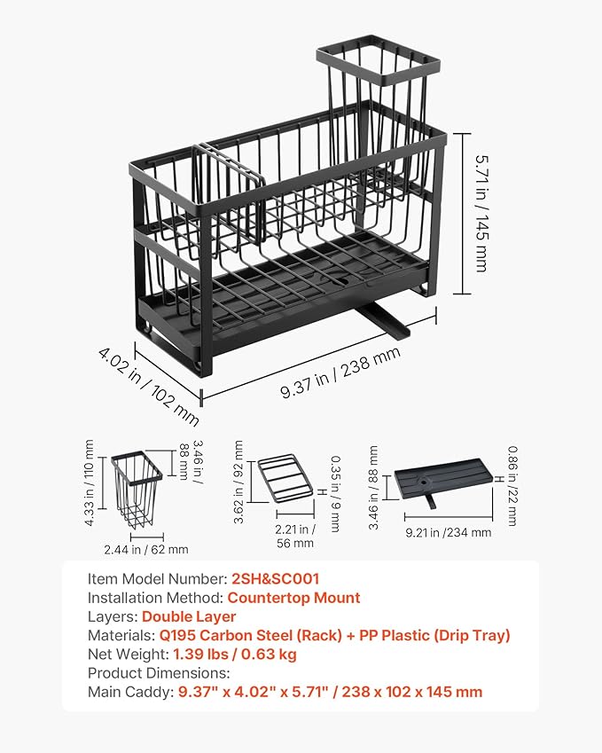 VEVOR Kitchen Sink Caddy Organizer, 2 Tier Sponge Holder for Kitchen Sink with High Brush Holder & Divider, Storage Rack with Rotatable Drainage Spout, Countertop Organizers and Storage Essentials