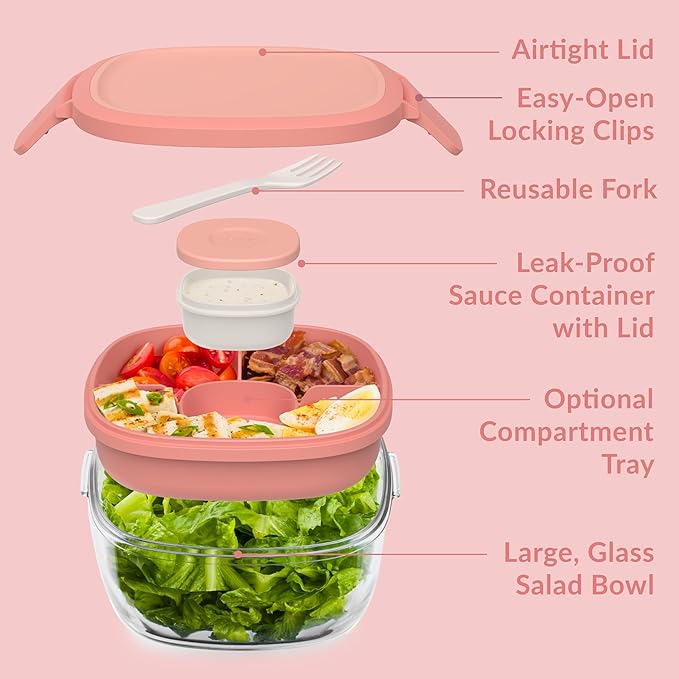 Bentgo Glass All-in-One Salad Container - Large 61-oz Salad Bowl with Lid, 4-Compartment Bento-Style Tray, 3-oz Sauce Container, and Reusable Fork - Dishwasher, Microwave, and Oven Safe (Coral)