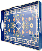 Boho Blue Decorative Tray, Serving Tray with 4 Handles, Plastic Tray for Coffee Table, Ottoman - Ideal for Living Room & Bathroom. 15” x 11” x 1.9”