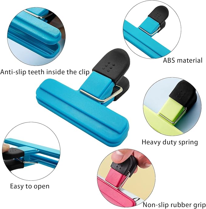Chip Bag Clips 9pcs Air Tight, Heavy Duty, Sturdy Plastic Clips for Food Storage Assorted Sizes Food Bag Clips for Kitchen Snacks