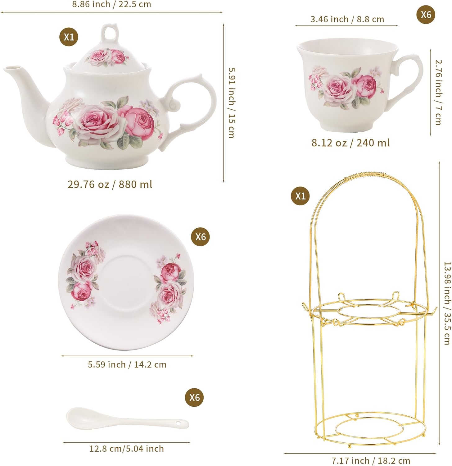 20-Pieces Tea Set For Adult with Golden Metal Rack,Porcelain Tea Sets For Women,Tea Gift Sets for Home&Party(016)