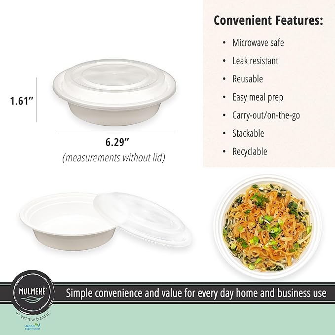 MULMEHË Plastic Food Storage Take-Out Container and Lid Combo, 16 oz, Microwaveable, Round, White, 6x1.5”, Set of 150