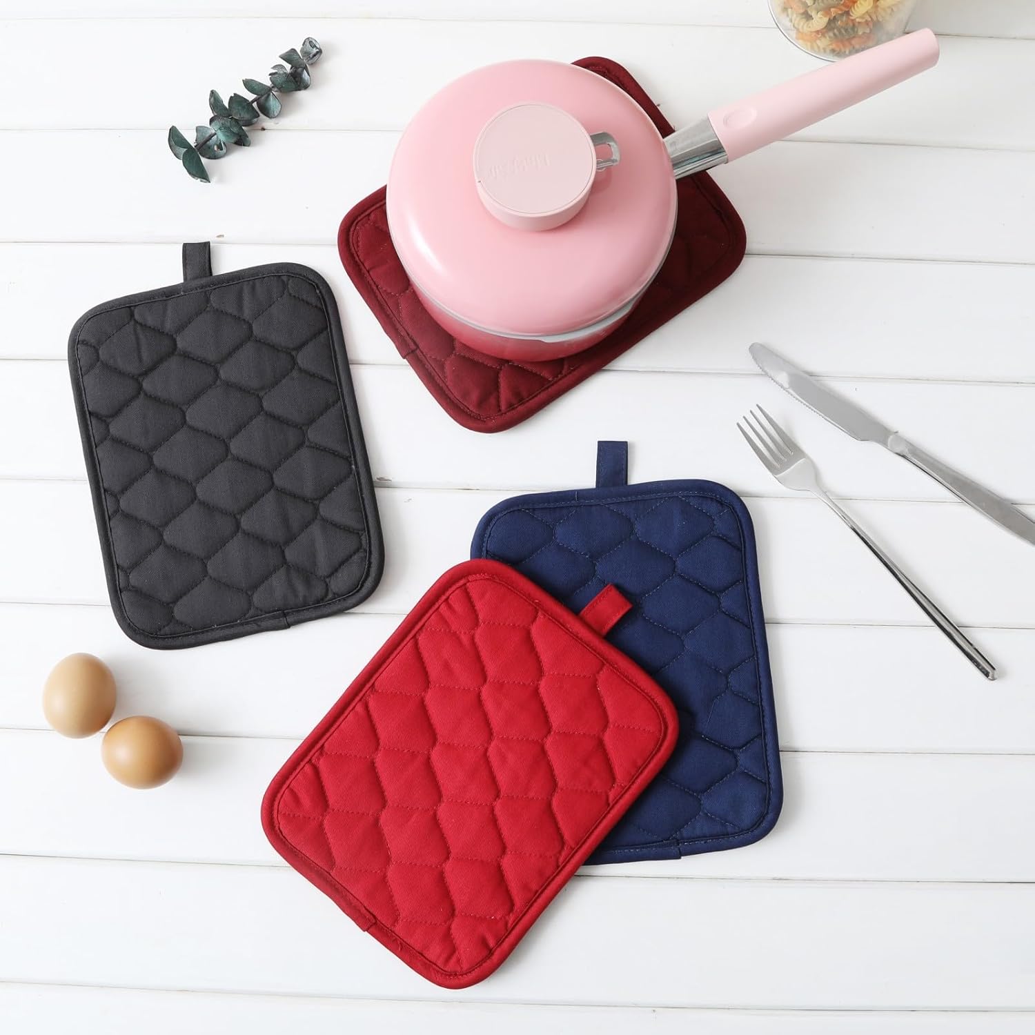 Glynniss Anti-Slip Grip Pot Holders for Kitchen, Cotton Oven Pot Holders Set with Neoprene for Heat Resistant 450F, 7x9 Inches Potholders Machine Washable 2PCS (Blue, 2)