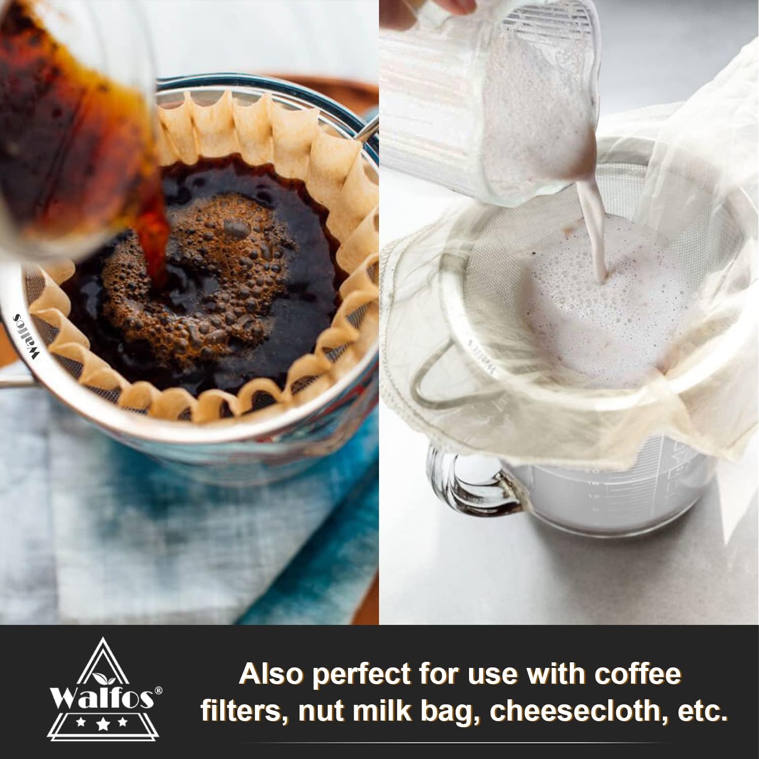 Walfos Extra Fine Mesh Strainer Set of 4-9.5", 7", 4.7", 2.8", Stainless Steel 30 Mesh Sieve with Sturdy Handle, Kitchen Food Strainers Sifters for Quinoa, Pasta, Fruits, Vegetables, Rice, Tea