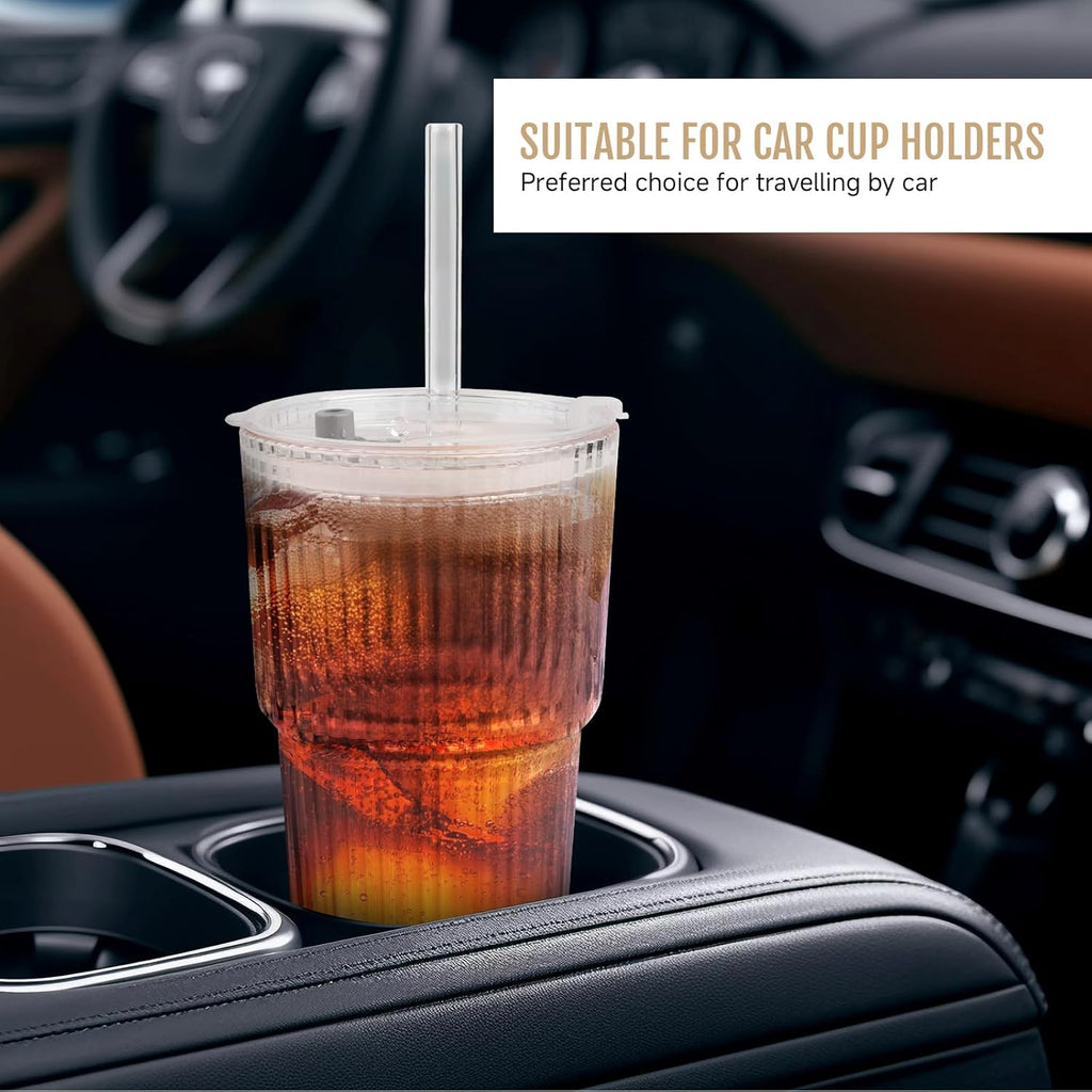 20oz Ribbed Glass Cups with Lids and Straws, Vintage Glass Tumbler with Straw, 2 Piece Iced Coffee Cups Set, Thicked Wall Drinking Glasses Ideal for Coffee, Smoothies, Juices Matchas