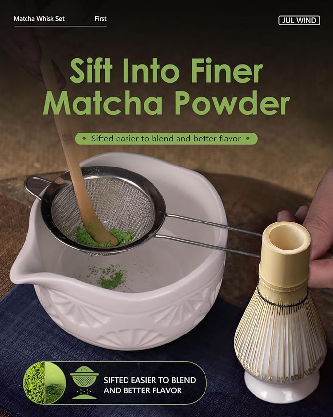 Matcha Whisk Set, Ceramic Matcha Set Includes Bowl with Spout, Whisk and Holder, Bamboo Scoop, Sifter and Tea Towel - 6 Pcs Matcha Kit Gift for Matcha Lovers (White)