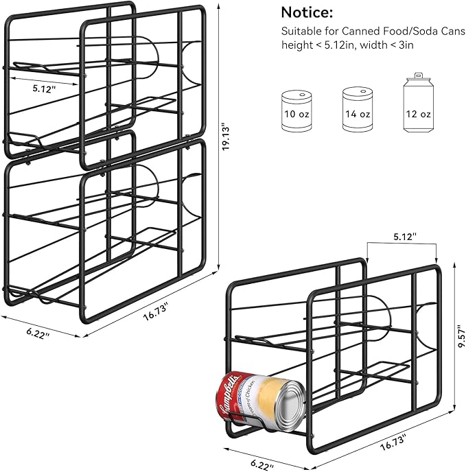 MOOACE Can Organizer for for Pantry, Stackable Soda Can Dispenser Canned Food Storage, Kitchen Cabinet Fridge Beverage Cans Holder, 4 Pack, Black