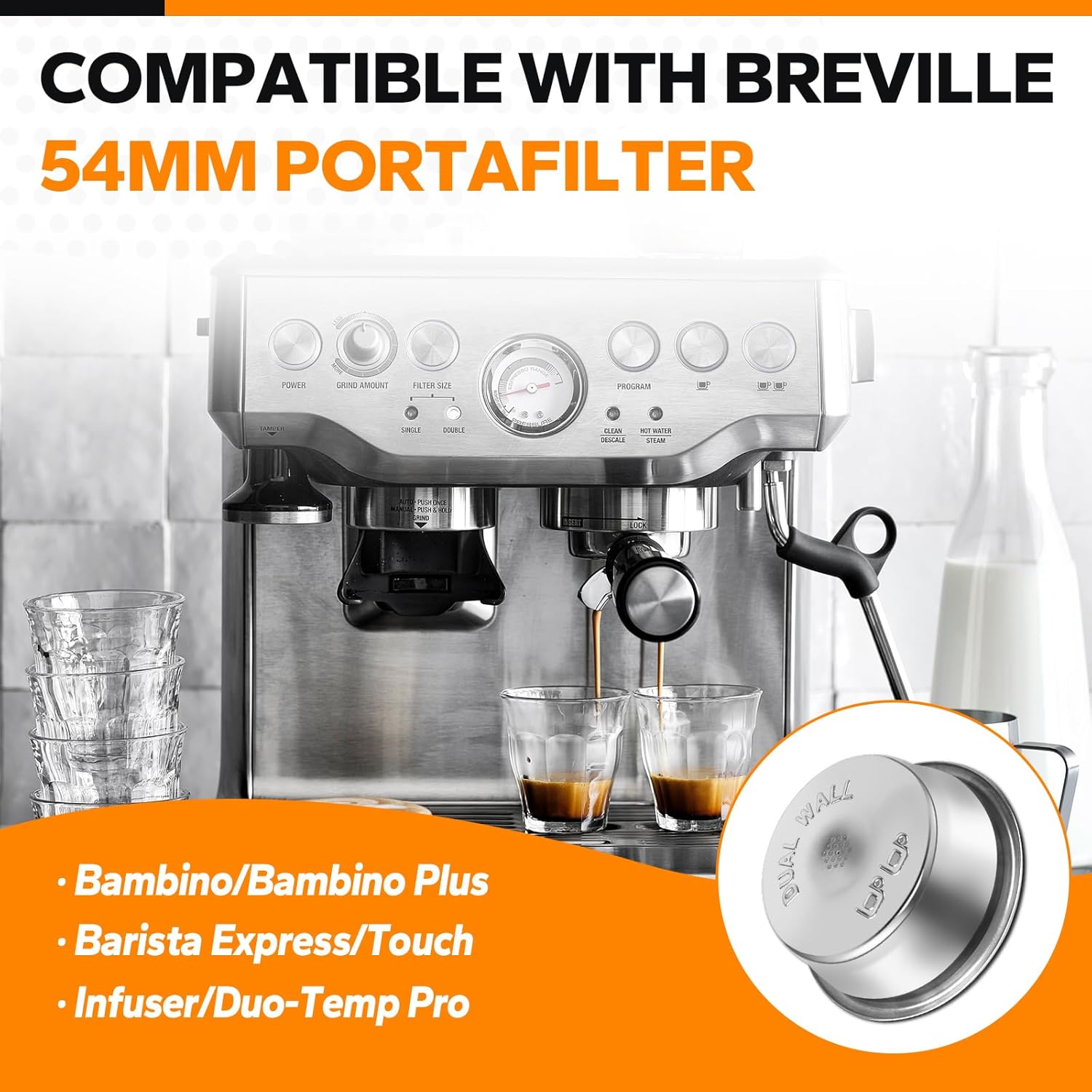 54mm Dual Wall Pressurized Basket Compatible with Breville Bambino,Barista Express, Barista Touch,Infuser, Duo-Temp Pro, Pressurized Filter Basket Replacement Part for Breville Filter, Double Shot