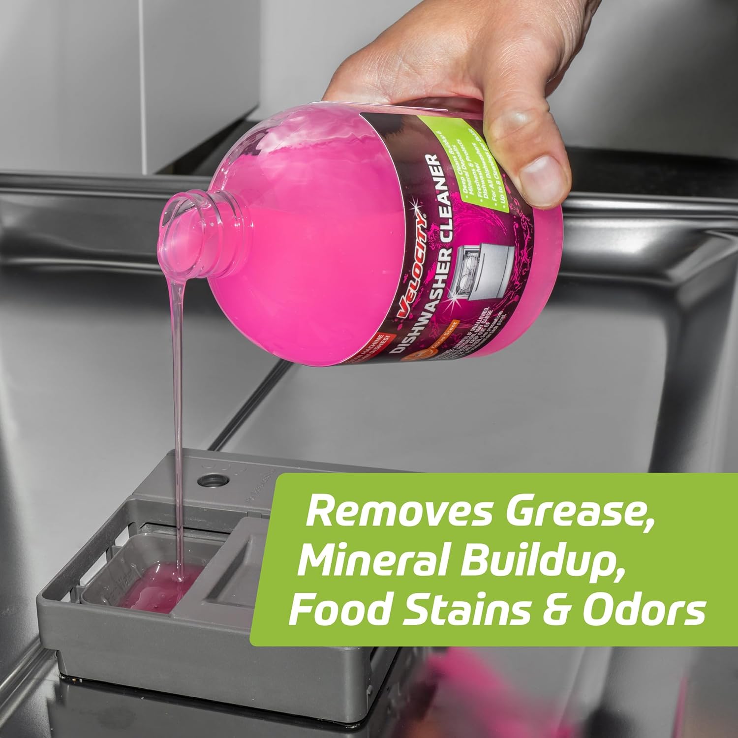Velocity Dishwasher Cleaner and Deodorizer – 8 Uses Per Bottle. Dishwasher Cleaner and Descaler Deodorizes Interior for Sparkling Dishes, Freshens Machine & Neutralizes Odor