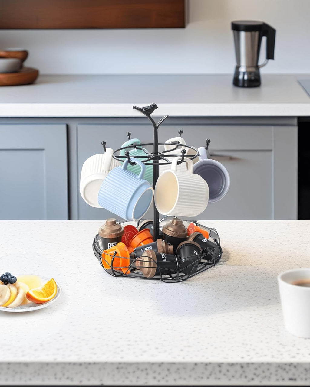 Rotating Mug Tree for Countertop | Decorative Bird & Nest Mug Holder with Storage Basket | Holds 6 Mugs & Pods | 360° Spinning Coffee Cup Rack for Kitchen, Coffee Bar Accessories & Home Décor