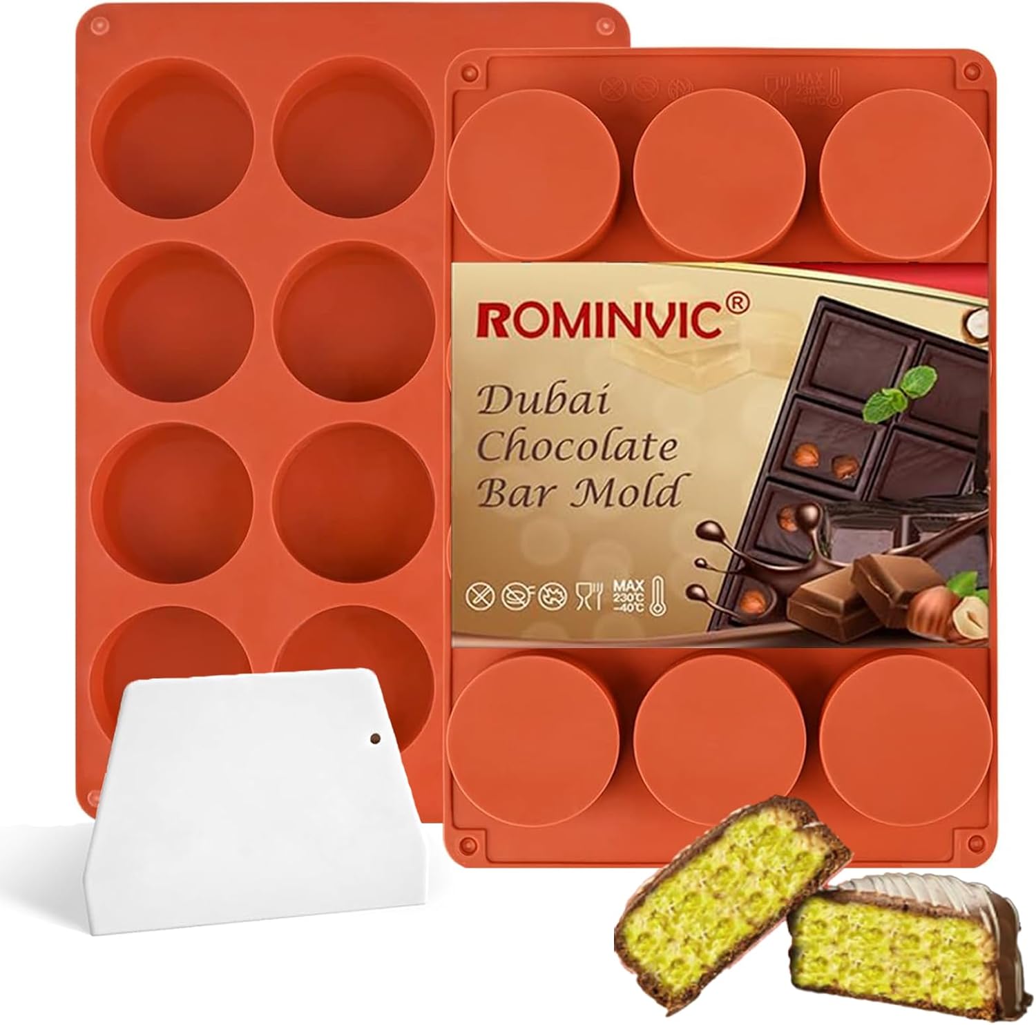 Chocolate Molds,2Pcs Dubai Chocolate Mold and Scraper for Stuffed Bar,Deep Round Fix Chocolate Candy Bar Mold for Filling Knafeh Pistachio Chocolate Bar Kit