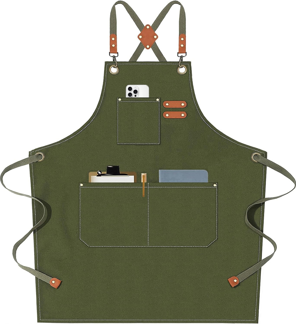 AFUN Chef Aprons for Men Women with Large Pockets, Cotton Canvas Cross Back Heavy Duty Adjustable Work Apron, Size M to XXL (Armygreen)