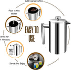 Utopia Kitchen Stainless Steel French Press Coffee Maker 34 Oz (1 Litre) with 2 Extra Filters, French Press Coffee & Tea Maker for Kitchen & Camping, Cold Brew Cafetiere, Silver