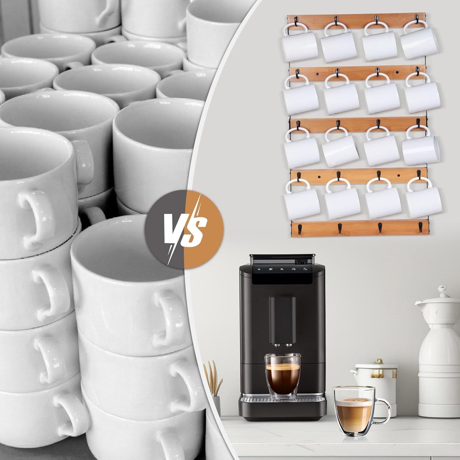 Wall Mounted Coffee Mug Holder, Large 5 Tier Shelf with 20 Hooks for Cups, Rustic Wooden Display Rack for Kitchens, Homes and Bars (Bamboo) ﻿