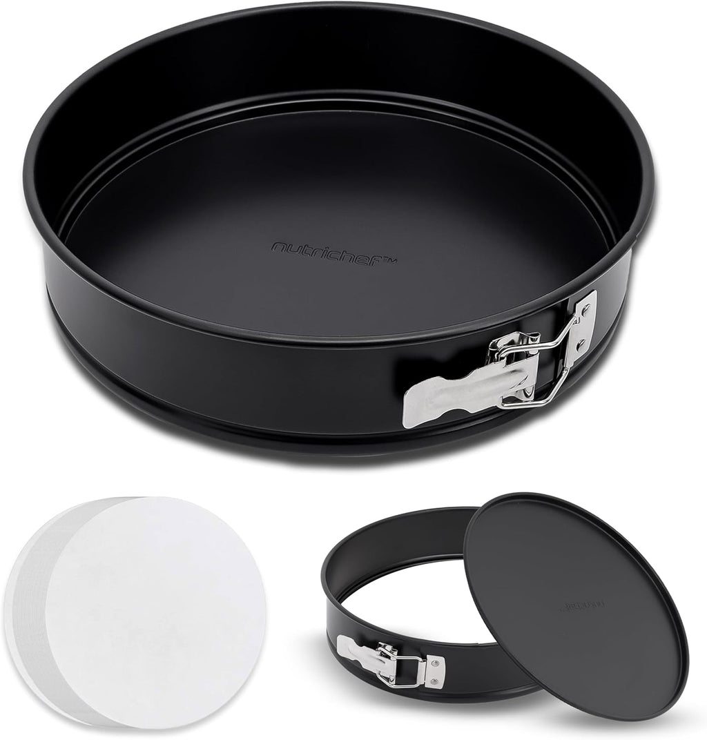 NutriChef 9 Inch Nonstick Cheesecake Springform Cake Pan | Stainless Steel Clasp & Removable Bottom | Durable Stainless Steel Cheesecake Pan | Easy to Clean | Includes 100 Parchment Papers | Black