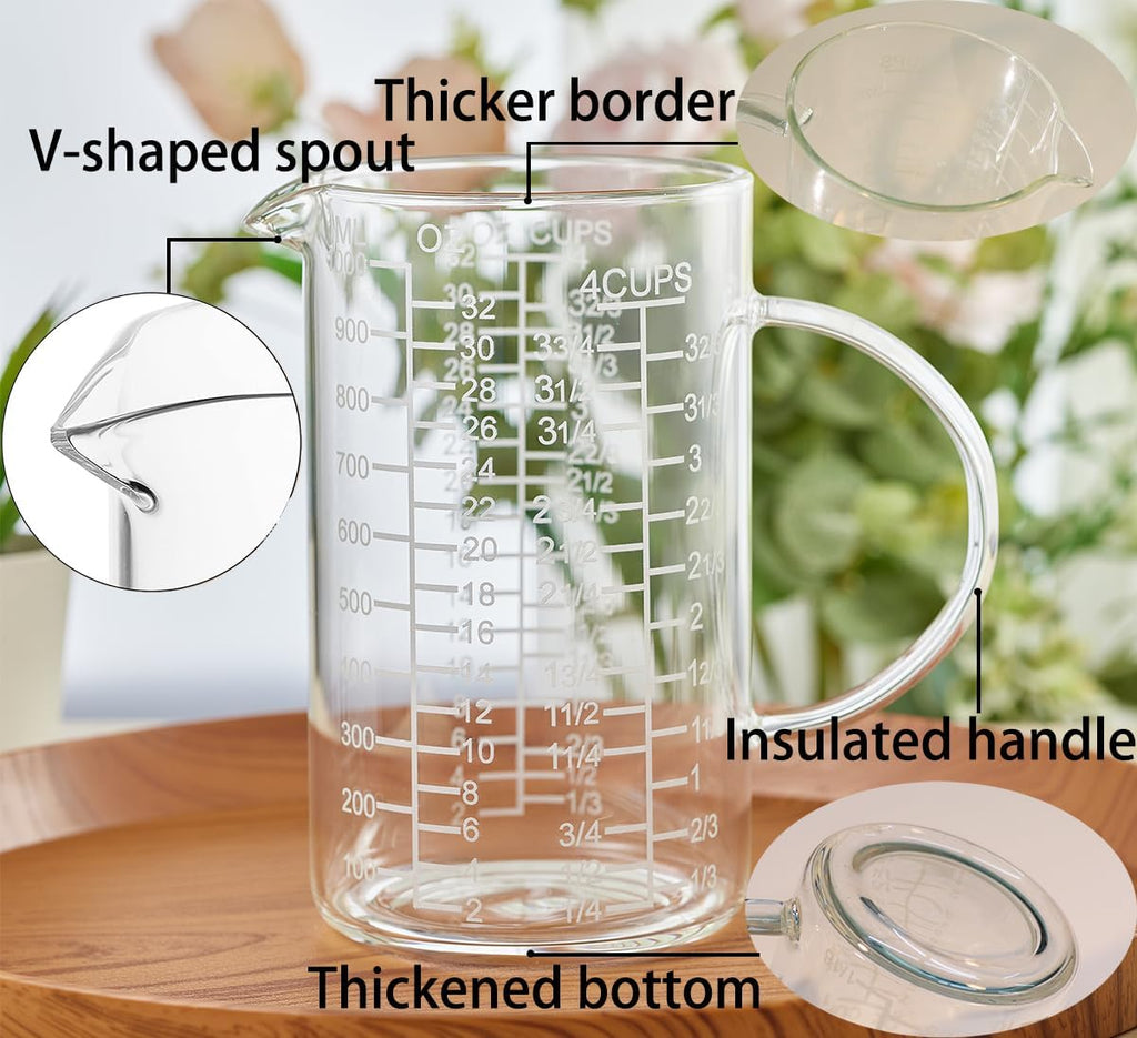 Ackers Mirror Etching Scale Glass Measuring Cup-[Insulated handle | V-Shaped Spout]-Made of High Borosilicate Glass Measuring Cup for Kitchen or Restaurant, Easy to Read, 1000 ML (32 Oz, 4 Cup)