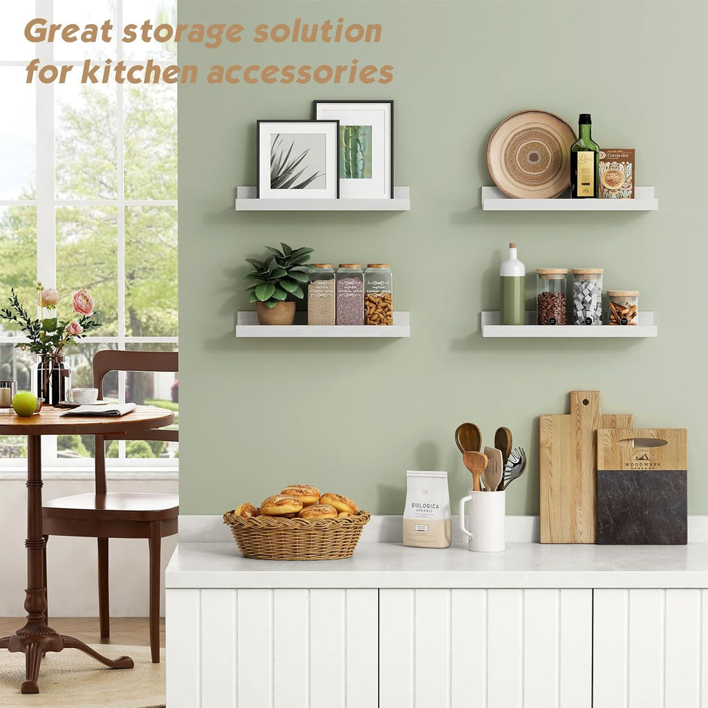 Forbena White Picture Ledge Shelf, Floating Shelves with Lip for Bedroom Books, Corner Nursery Book Shelves Wall Mounted for Small Spaces Office Baby Child Kids Room Art Decor (4-Pack, Real Wood)