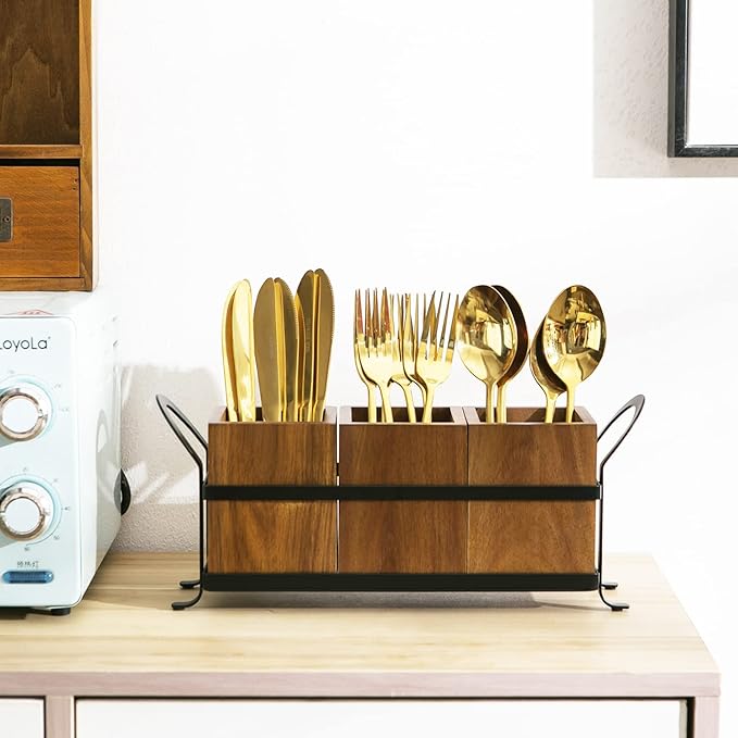 Utensil Caddy Silverware Cutlery Holder with 3 Compartment, Wooden Utensil Crock Flatware Organizers with Metal Tray, Rustic Kitchen Utensil Organizers for Farmhouse Kitchen and Countertop