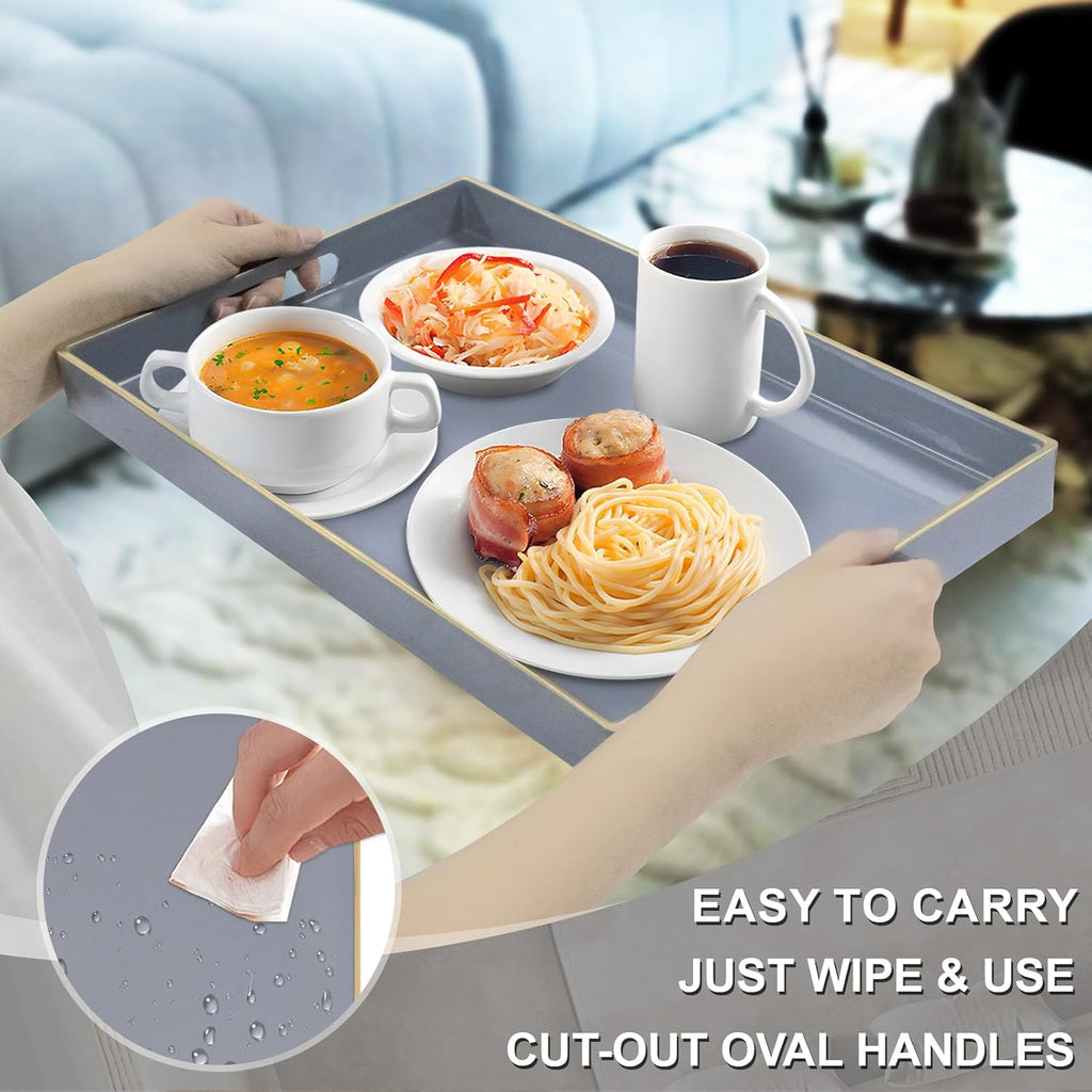 MAONAME Gray Serving Tray with Handles, Modern Grey Decorative Tray for Coffee Table, Plastic Rectangular Gray Trays for Ottoman, Bathroom, Decor, 15.8” x 10.2” x1.4
