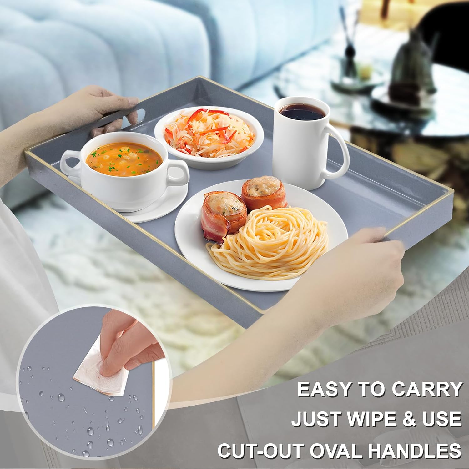 MAONAME Gray Serving Tray with Handles, Modern Grey Decorative Tray for Coffee Table, Plastic Rectangular Gray Trays for Ottoman, Bathroom, Decor, 15.8” x 10.2” x1.4