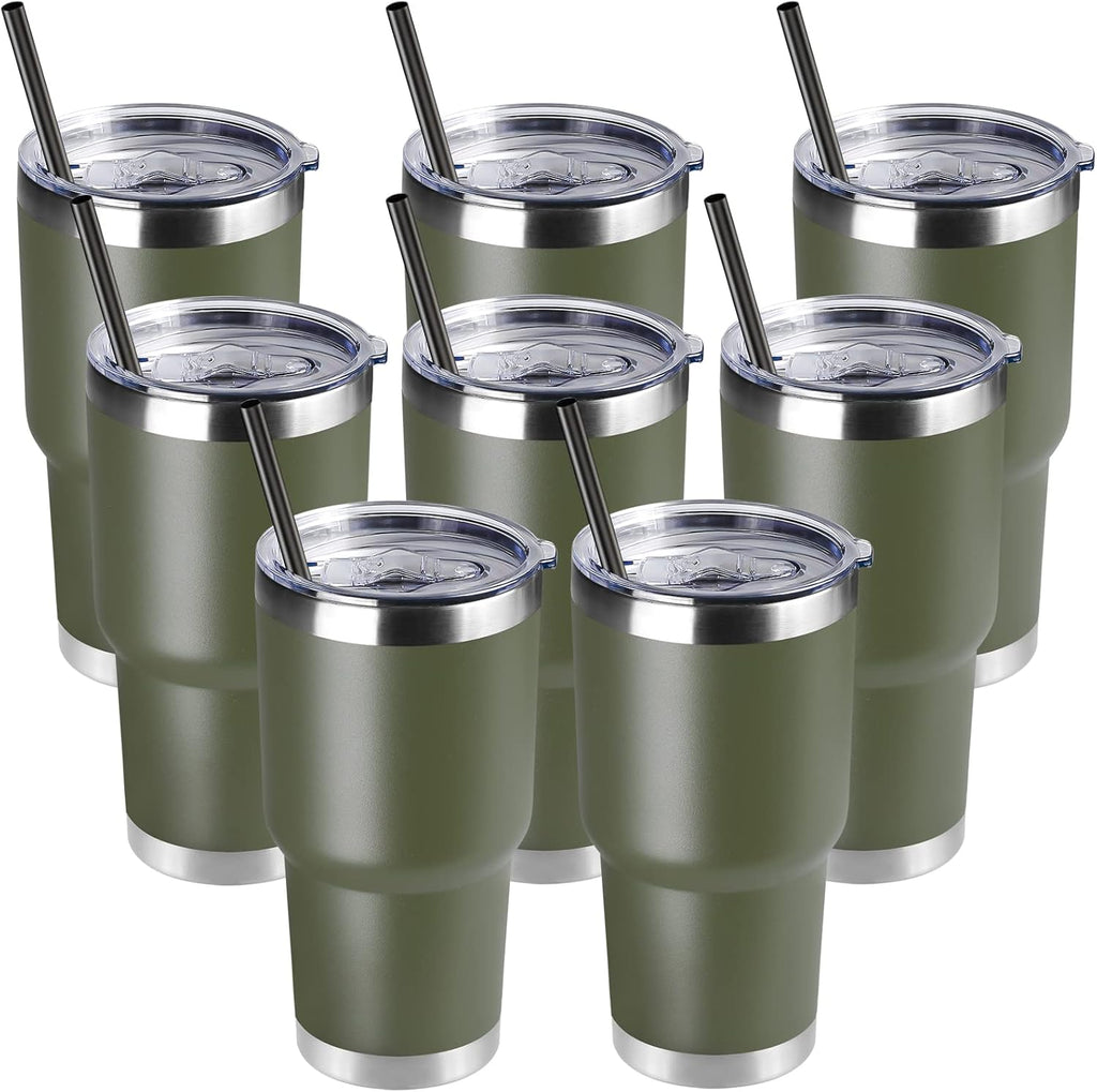 DOMICARE 30 oz Tumbler with Lid and Straw, Stainless Steel Tumblers Bulk, Insulated Vacuum Double Wall Travel Coffee Mug, Durable Powder Coated Tumbler Cups (Army Green, 8)