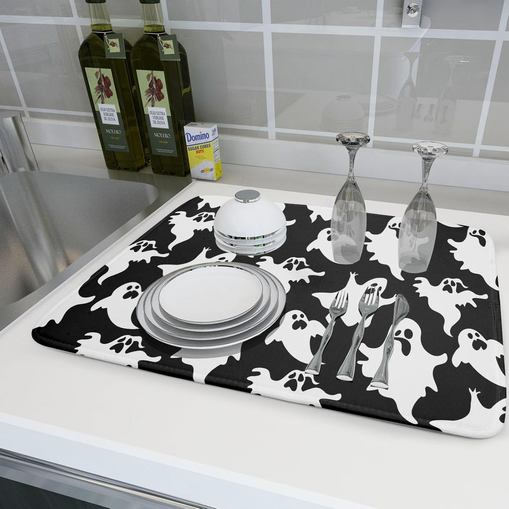 Halloween Bat Ghosts Dish Drying Mat for Kitchen Counter,Halloween Spooky Ghost Black and White Drying Mat 18 x 24 Inch Microfiber Dish Drying Pad Dish Rack Pad Drainer Mat for Coffee Bar
