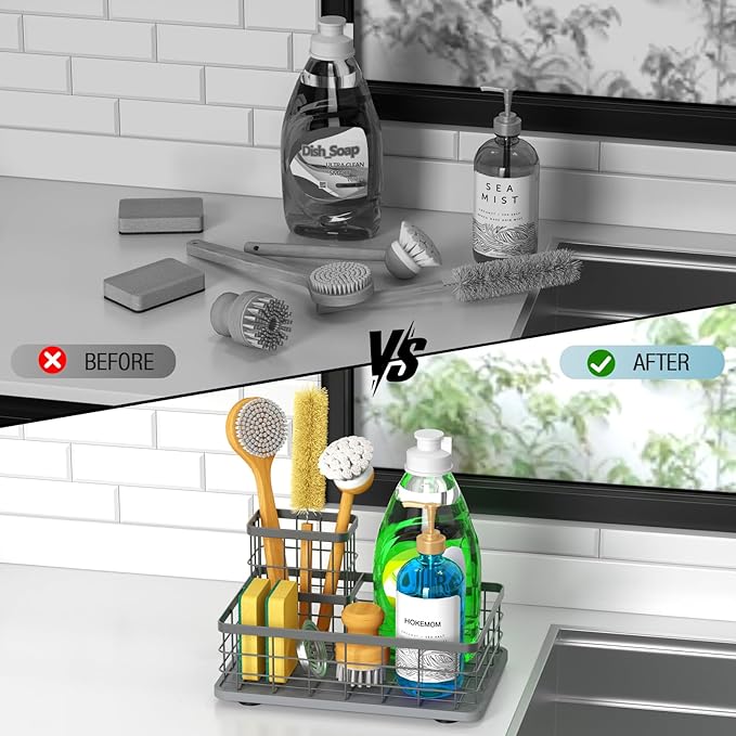 Large Family-Sized Sponge Holder for Kitchen Sink with Brush Holder - Drain-Free Non-Slip Base, 2.6mm Stainless Steel with Grey Rust-Resistant Coating-10.24"L x 6.5"W x 5.83"H Sink Organizer