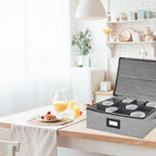 Coffee Mug Storage Box with Dividers, Durable China Storage Containers for Coffee Mugs, Tea Cups Storage Organizer with Lid, Handles, Label Window, Holds 12 Mugs, Hard Shell and Stackable (Grey)